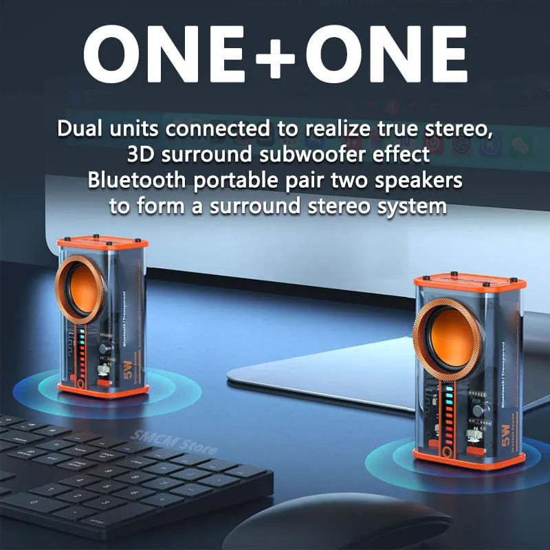 K07 transparent mecha wireless Bluetooth speaker with LED light patterns on a desk, black transparent finish
