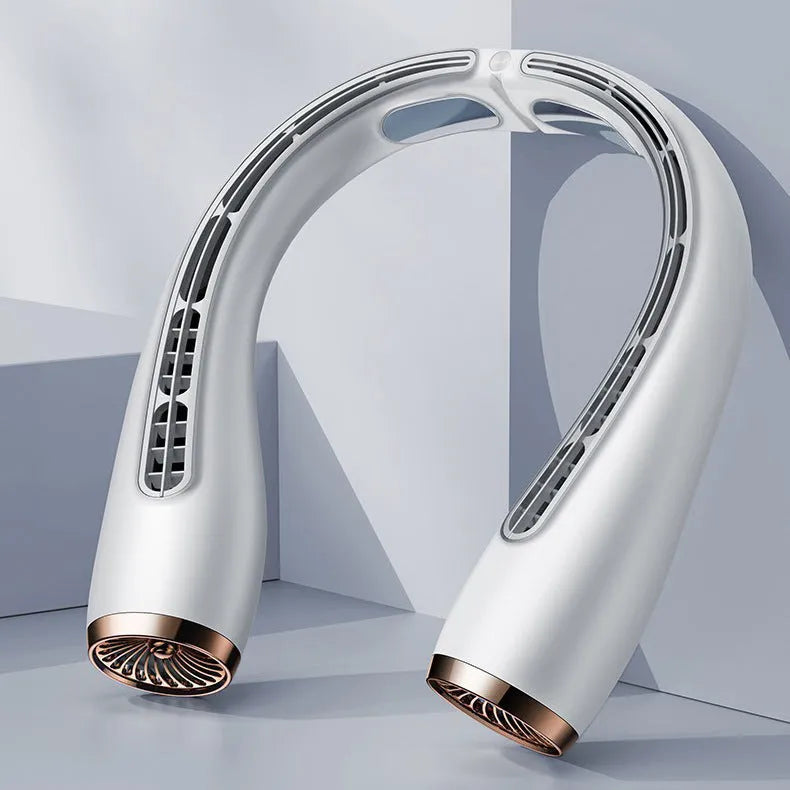 Bladeless neck fan with refrigeration and 4000mAh battery shown in blue, lightweight design for hands-free use
