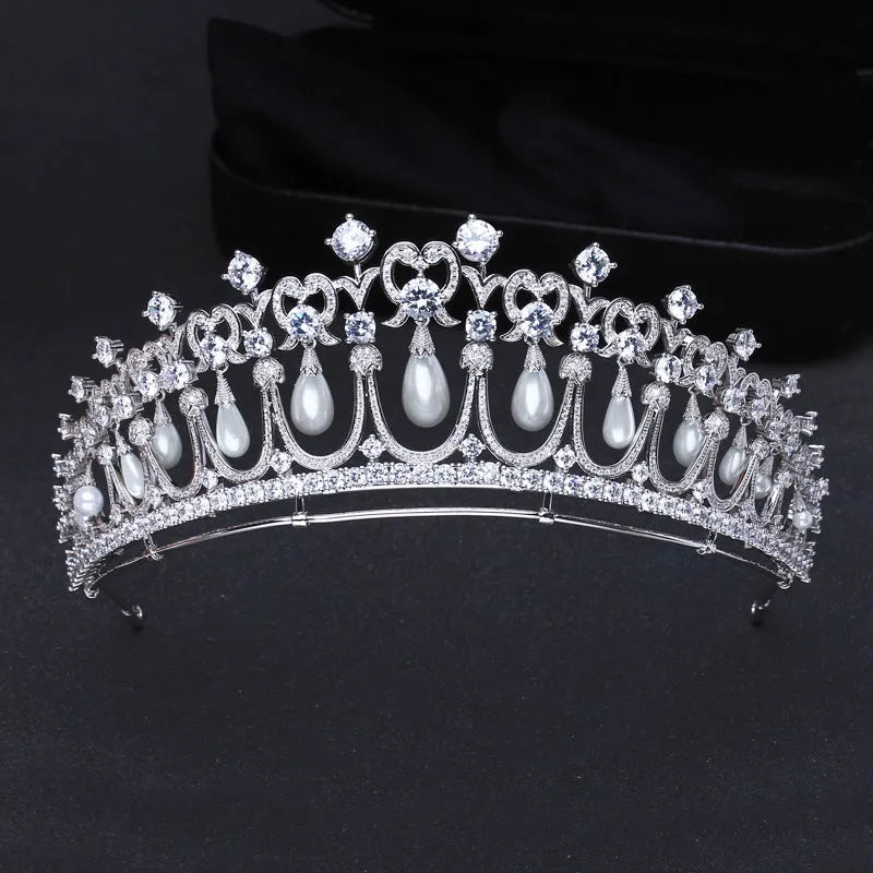 Silver bridal wedding tiara with AAA zircon and pearl tears on white background