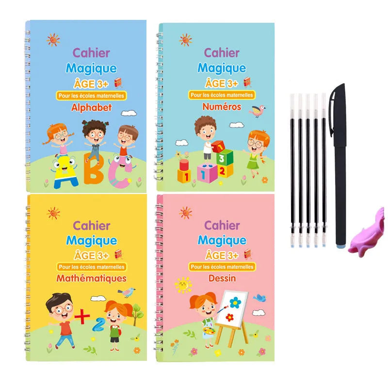 Children's Groove English Calligraphy Practice Board with Magic Stickers Copy Control Pen Training Book for Handwriting Improvement White Cardboard French German Option 4-Book Set Length 19cm