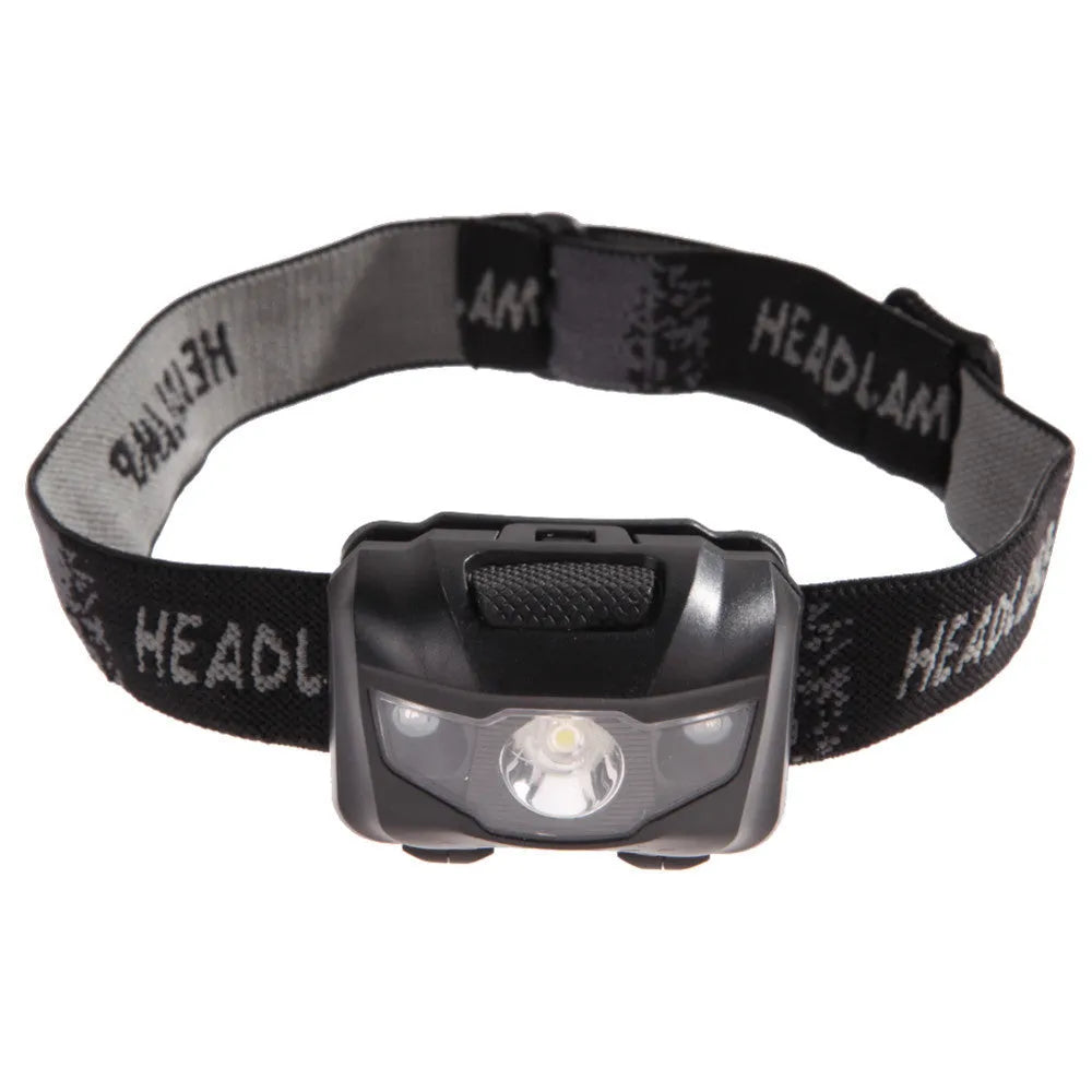 3W waterproof headlamp with white and red LEDs, 70-metre beam, four lighting modes, black finish