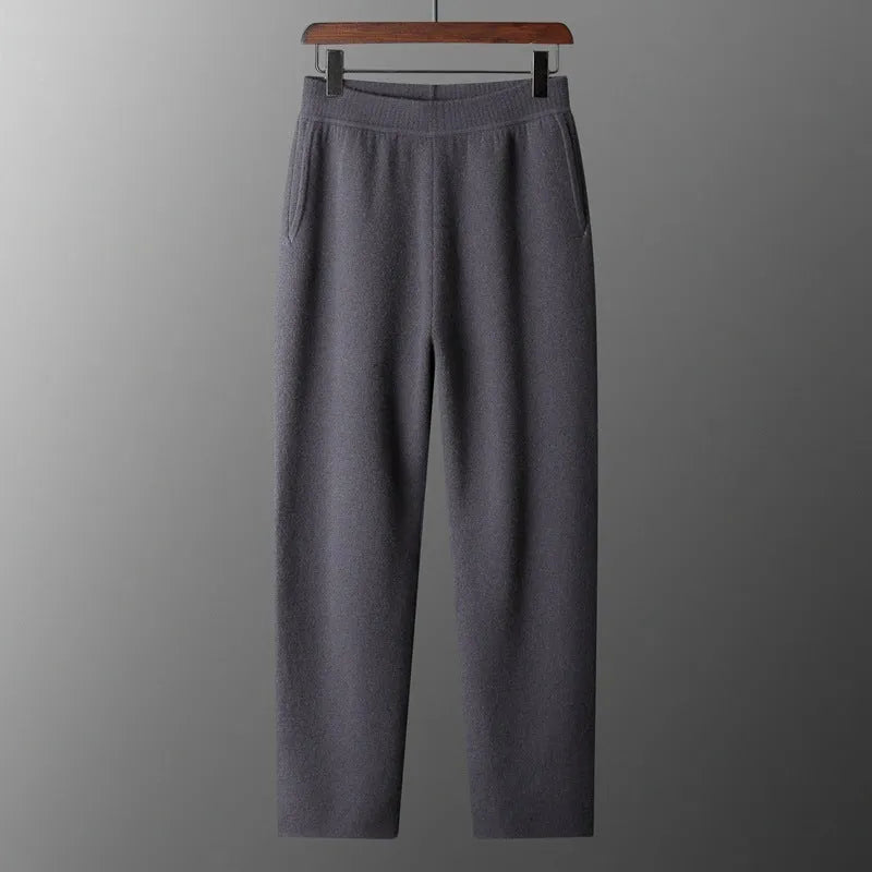 Men's thick cashmere high waist tapered trousers in black, elephant gray, and raw velvet, sizes M to XXL