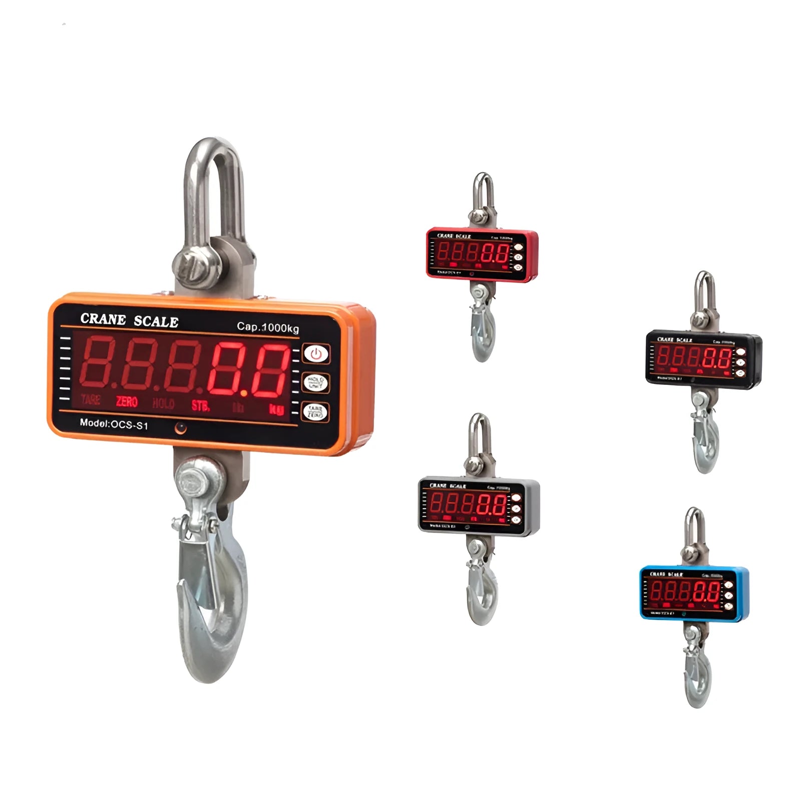 Orange electronic crane scale with digital display showing weight, for loads up to 500kg.