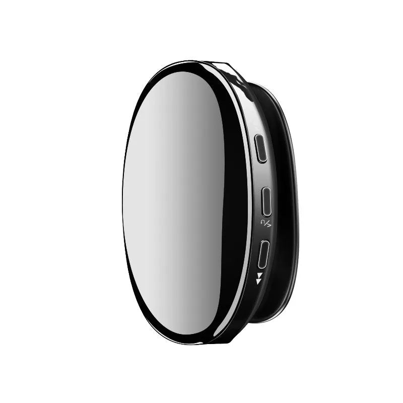 Blue Bluetooth MP4 music player with OLED screen showing track info, beside headphones.