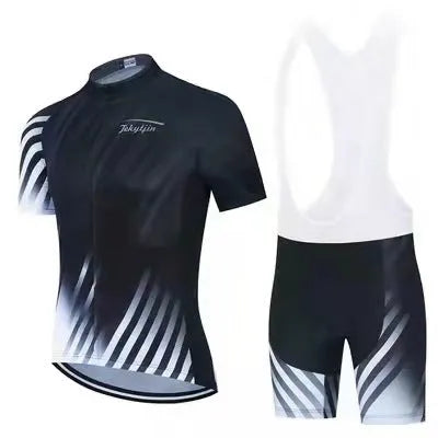 Cycling jersey and pants set for men and women in moisture-wicking fabric for summer bike rides.
