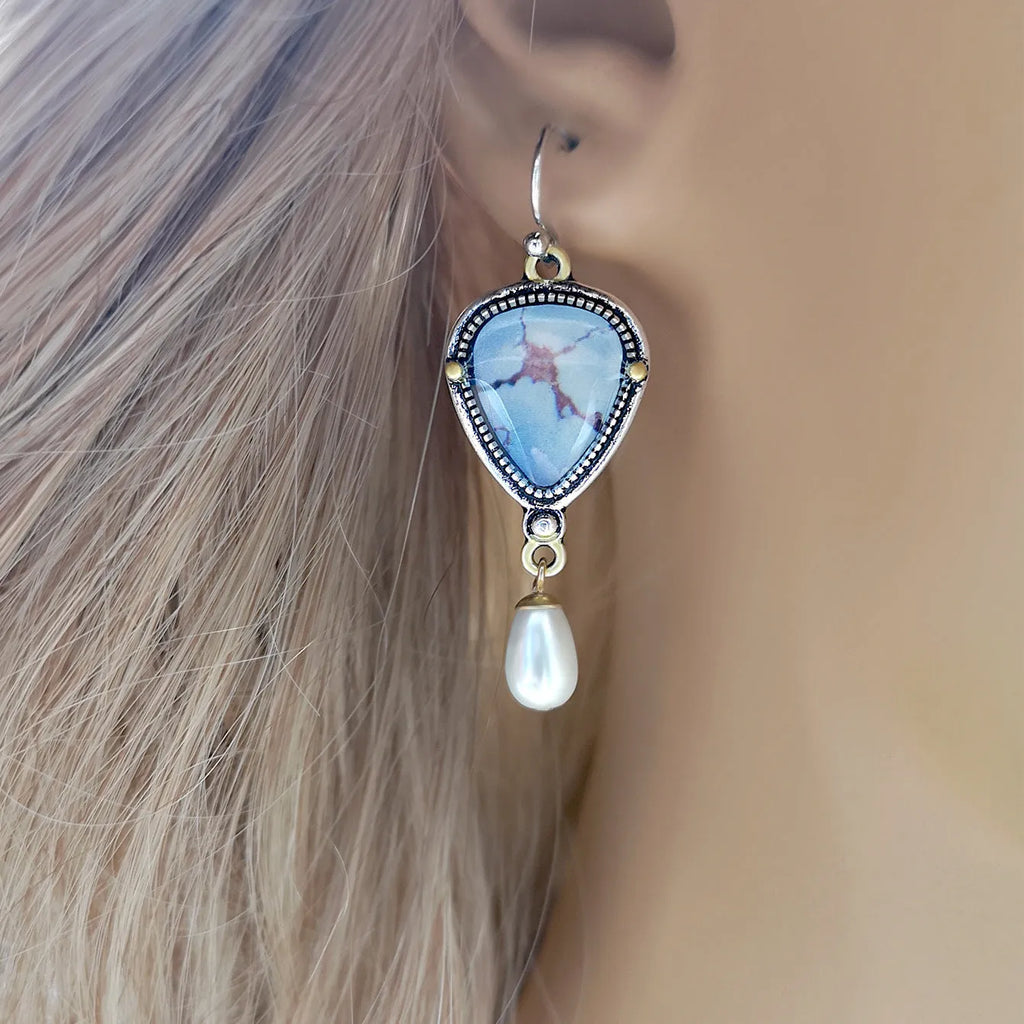 Women's retro blue Bohemian drop earrings with geometric shape and synthetic opal-pearl accents