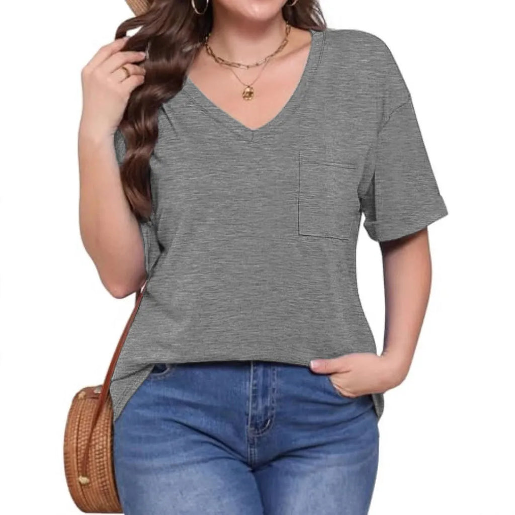 Grey men's loose fit V-neck t-shirt with a chest pocket on a solid background