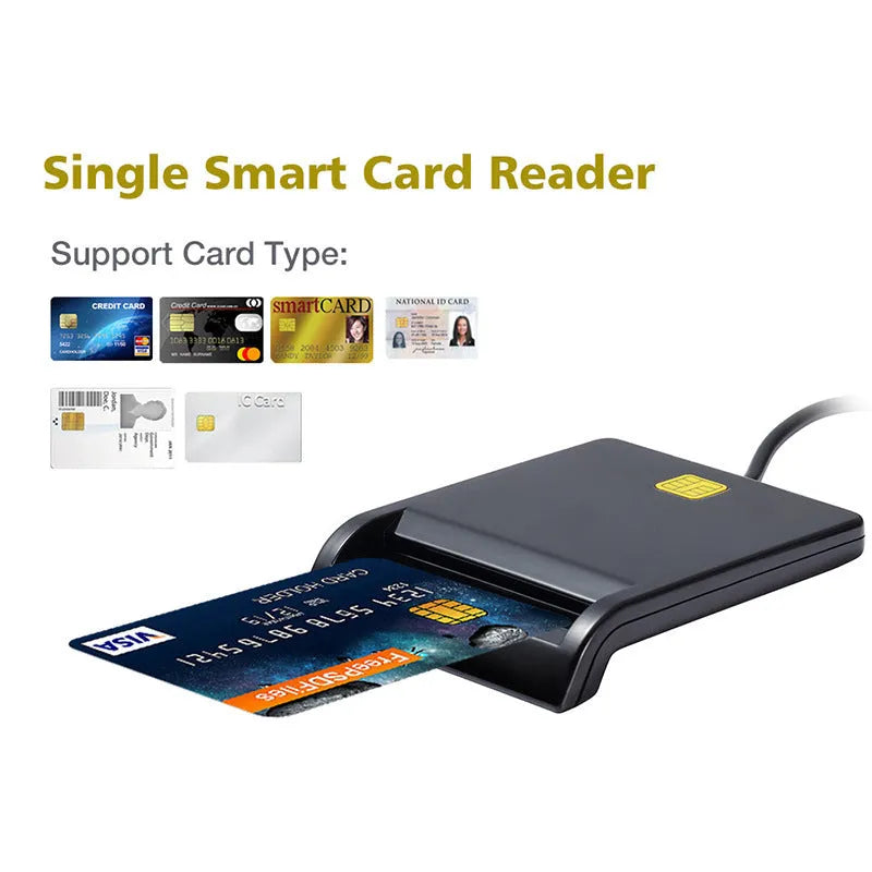 DM-HC65 USB Smart Card Reader in black ABS casing, front view with USB cable and card slot