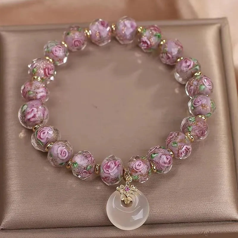 Purple glass bracelet for women with peace buckle and flower charm, sweet style travel gift