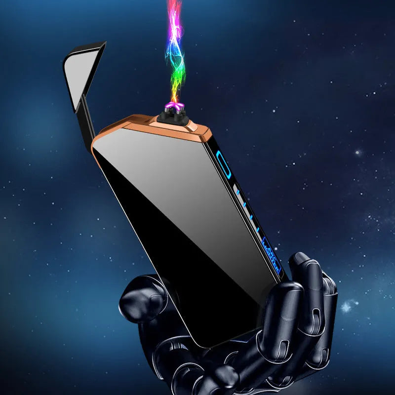 Creative fashion USB charging double arc lighter in zinc alloy, black colour, compact size 73x35x11mm