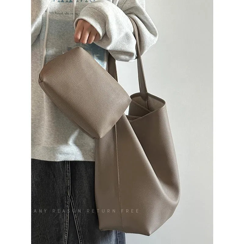 Large capacity black PU bucket shoulder tote bag with sewing thread detail