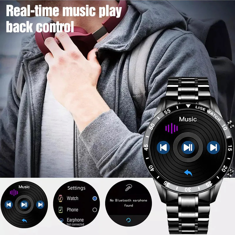 Smart pedometer watch with heart rate and blood oxygen detection, stainless steel band, 1.3-inch touch screen, black colour