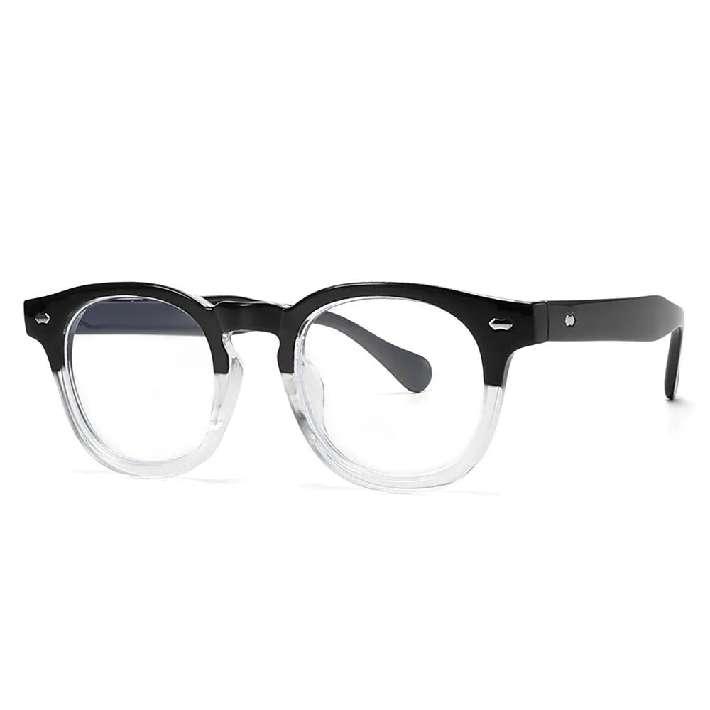 Simple round rim retro sunglasses with plastic frame and UV400 lenses on a plain background.