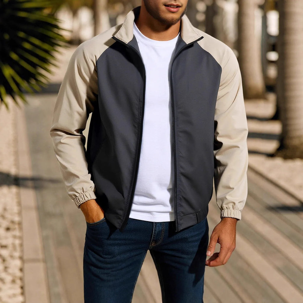 Men's casual coat with stand collar and contrast colour, raglan sleeves, loose fit, in red colour