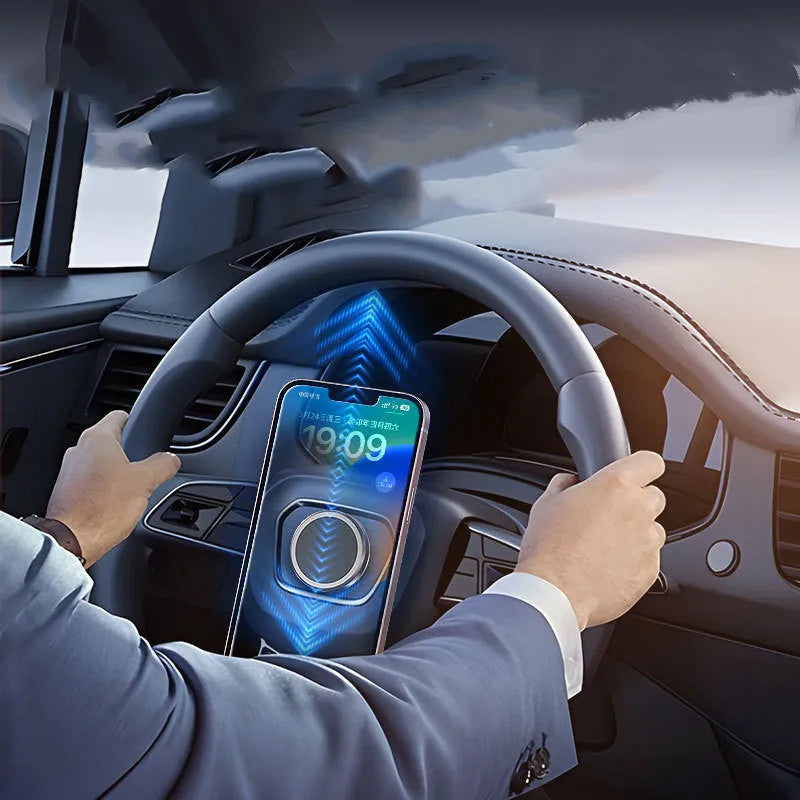 Obsidian black alloy magnetic centripetal force mobile phone holder with adhesive gel.