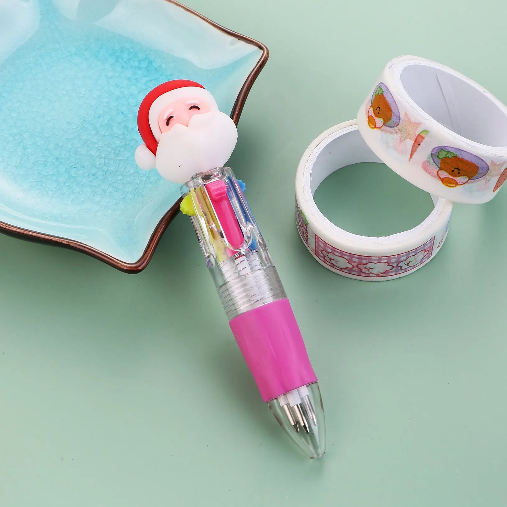Christmas four-colour press ballpoint pen with festive designs, 11cm compact size
