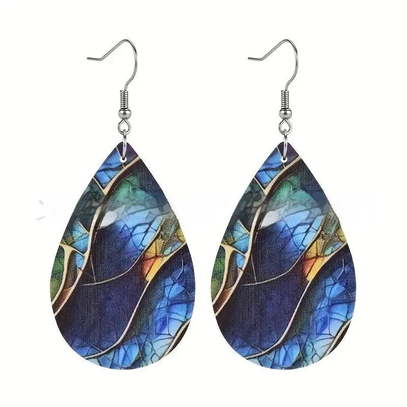Acrylic flat branch knot drop earrings with printed design in drop shape for unisex wear