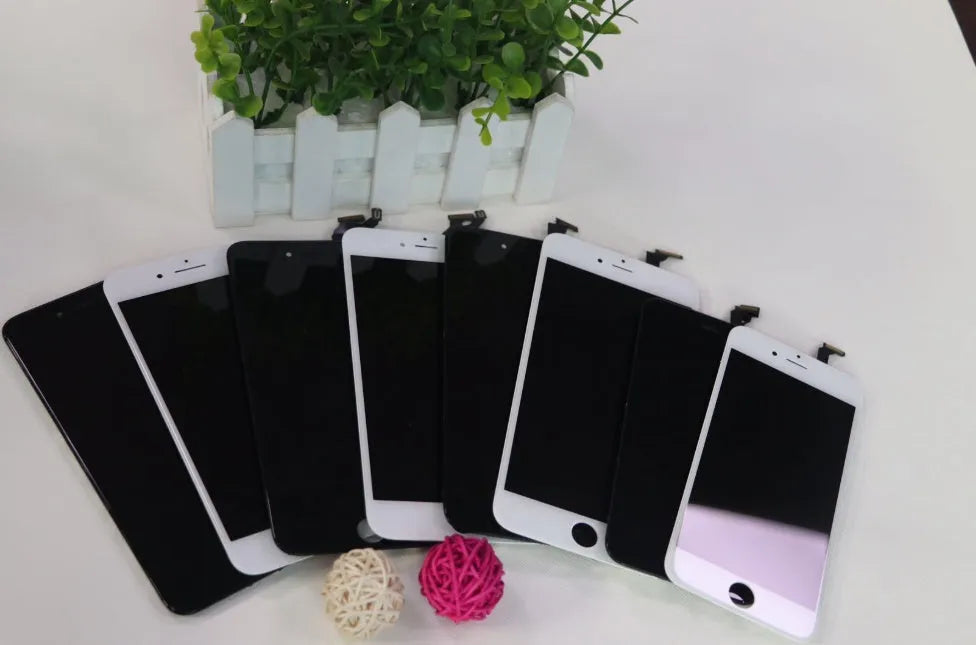 iPhone LCD screen replacement kit showing display, capacitive touch layer, and metal disassembly tool.