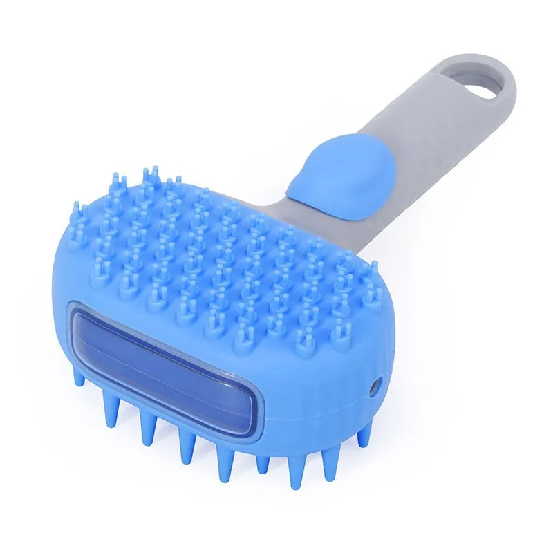 Purple silicone pet shower brush floating in water for dog bath, with body lotion included
