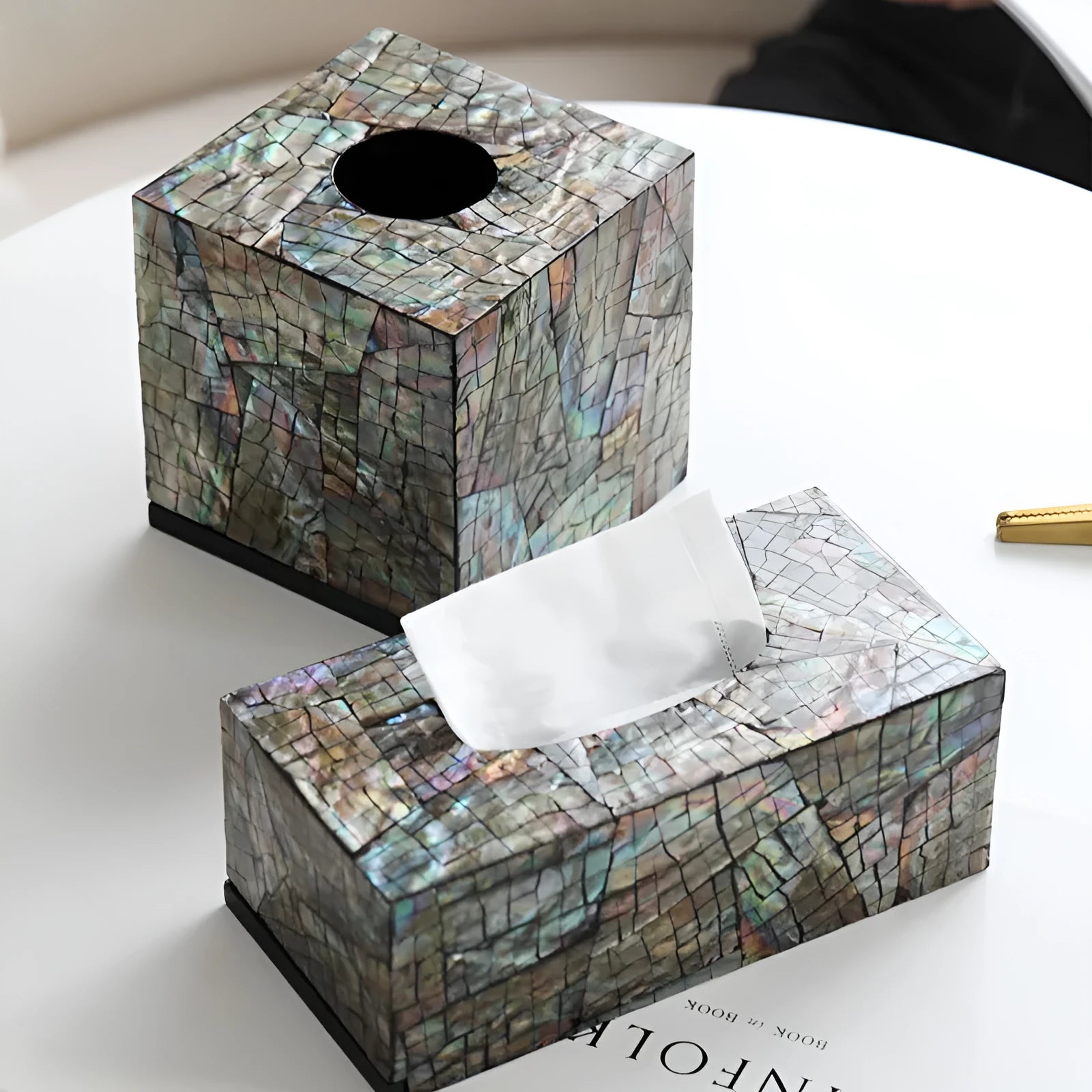 Natural black seashell tissue box with removable inner organisation tray on a wooden coffee table.
