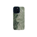 Silicone iPhone case with Chinese-style geometric metal-stamped design on imitation leather