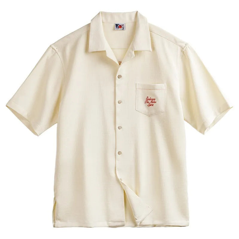 Light apricot men's Cuban collar shirt with bamboo leaf pattern short sleeves