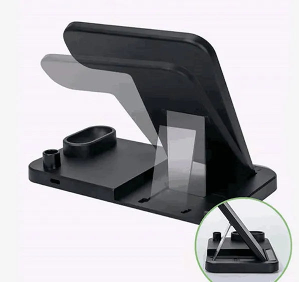 A white 4-in-1 wireless charging station with an iPhone, Apple Watch, and AirPods charging on its adjustable, foldable stand.