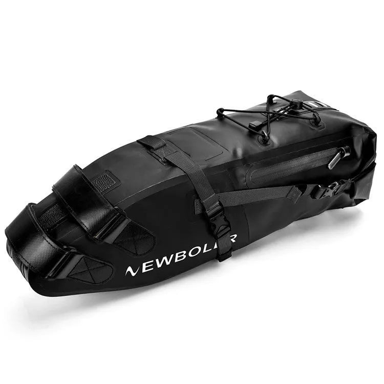 Yellow waterproof PVC bicycle tail bag mounted on a bike rack, showing its 58cm length and storage capacity.