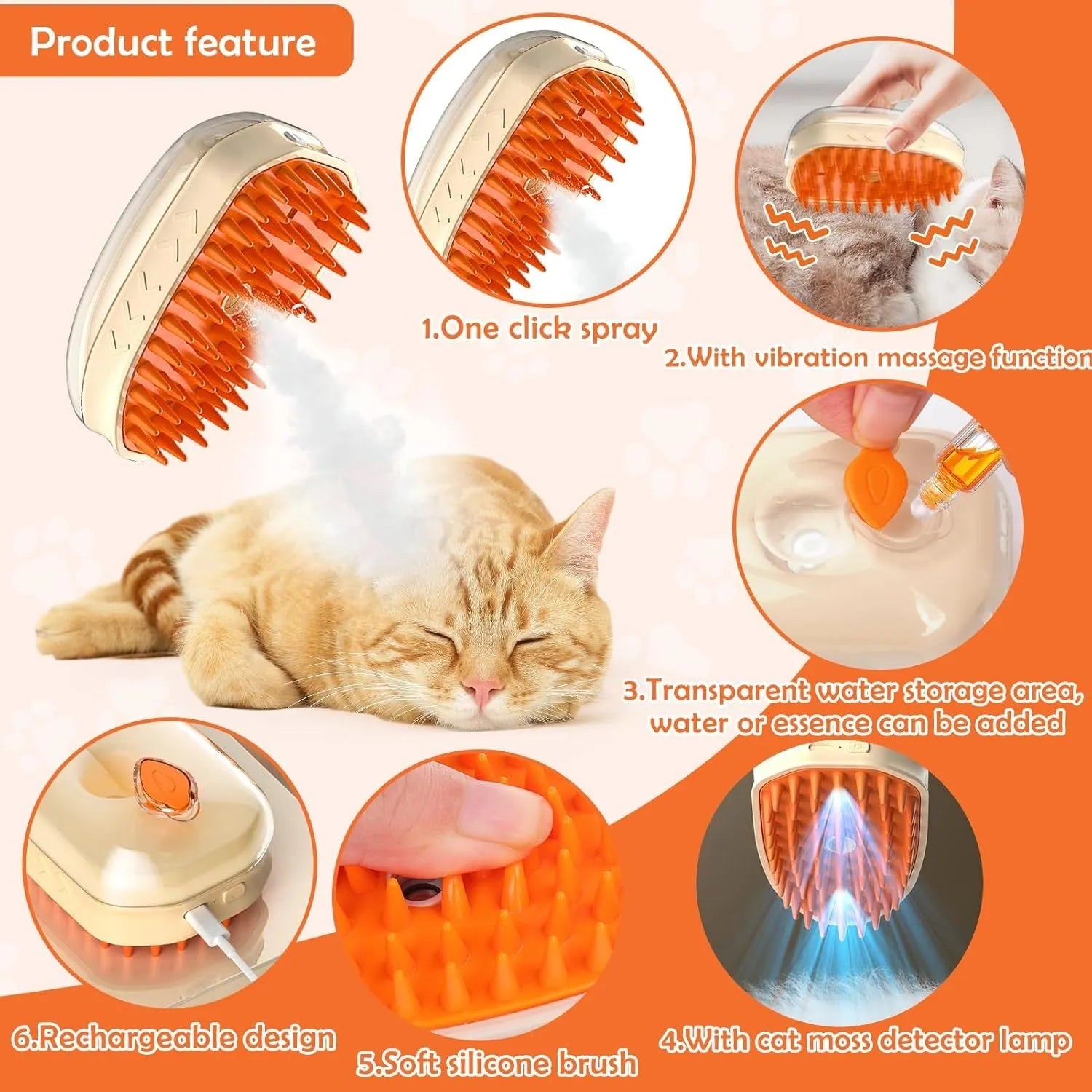 Yellow cat steam brush with silicone bristles, water tank, and ringworm detector lamp for pet grooming