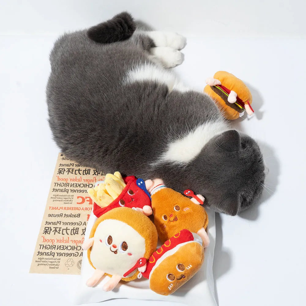 Set of five food-shaped cat chewing toys showing hamburger, chicken legs, fries, bread and hot dog designs