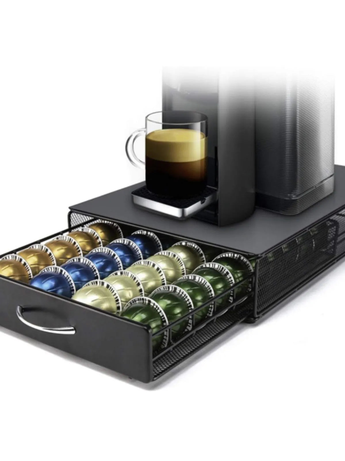 Coffee capsule storage drawer with tempered glass top, holding 40 capsules, black handle, modern simplicity style