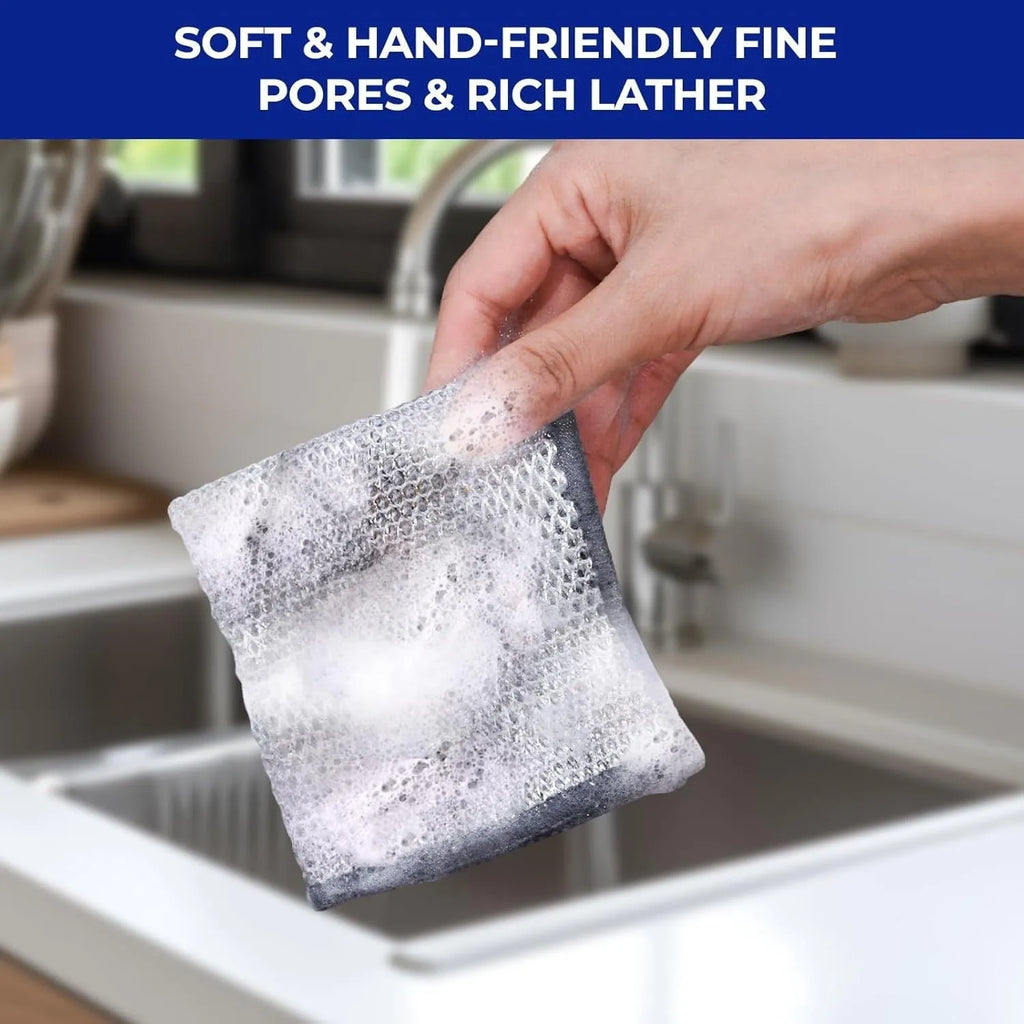 Silver silk double-sided microfiber cleaning rag for scrubbing pots and bowls.