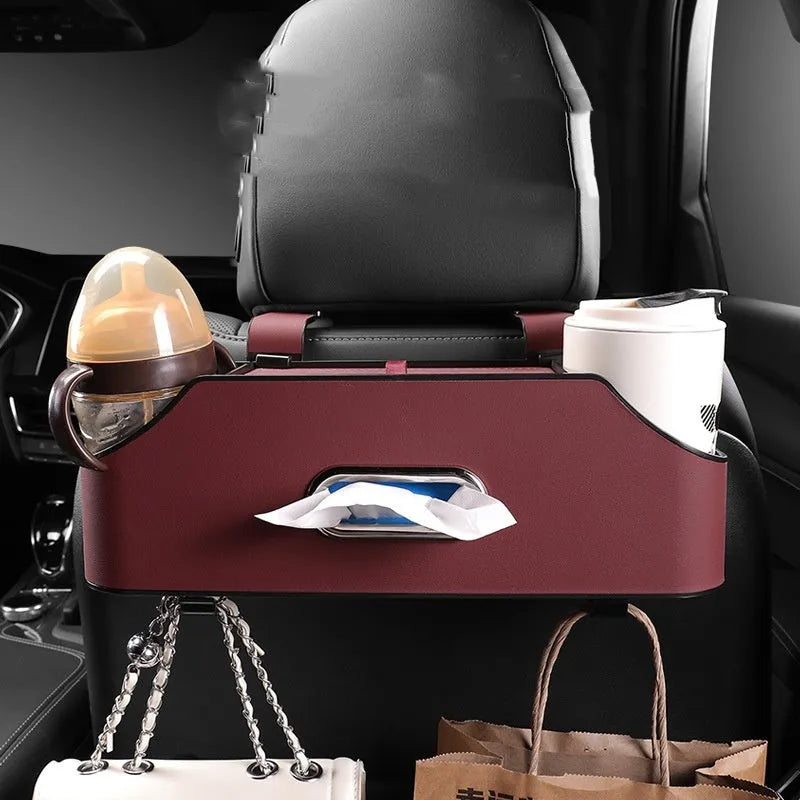 Genuine leather car tissue box and cup holder storage unit in beige colour.