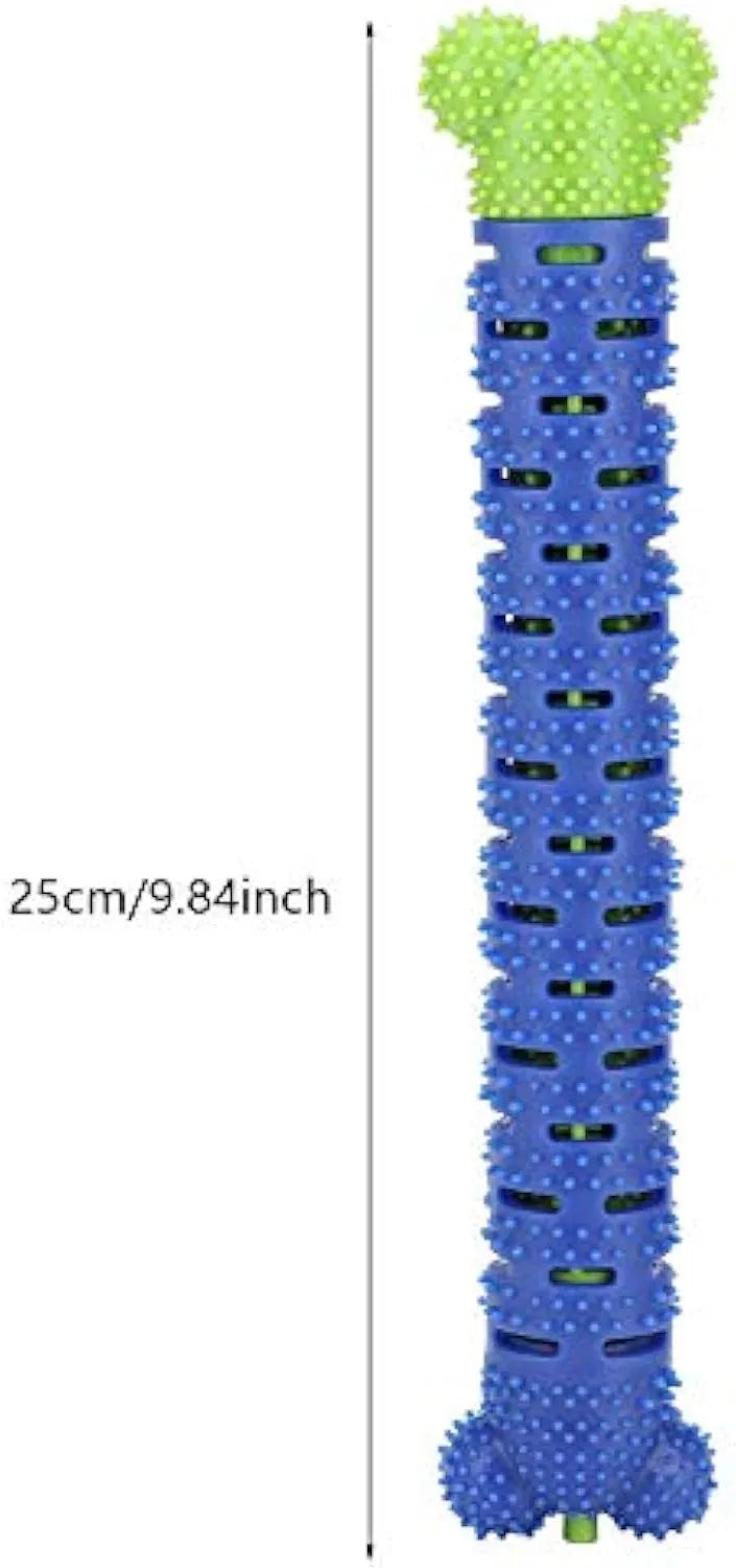 Blue green silicone dog dental cleaning stick chew toy with brush head texture, measuring 25 cm.