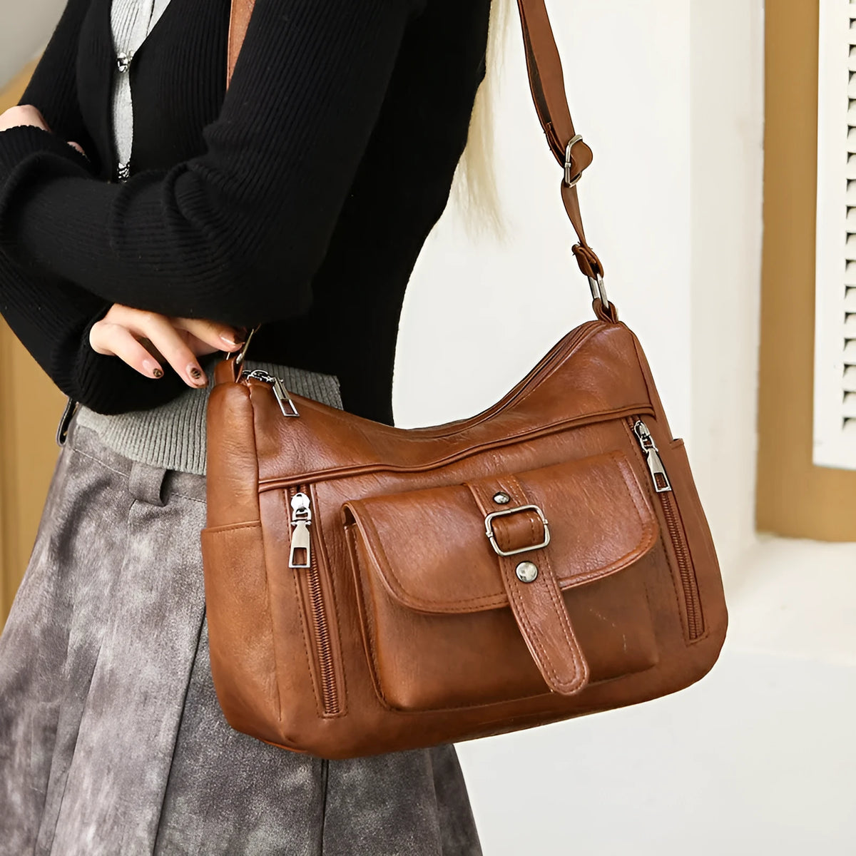 Retro soft PU leather shoulder messenger bag, 27x20x10cm, in black, brown, blue or purple, with sandwich pocket.