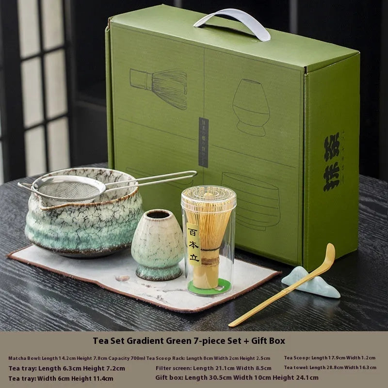Japanese style matcha bowl set 7-piece gift box with bamboo whisk stand and ceramic bowl in cherry blossom blue