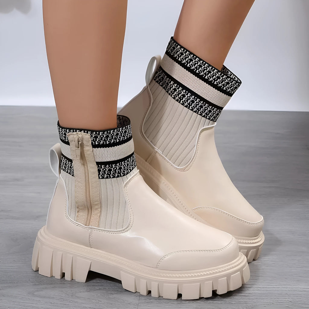 Women's mid-tube Martin boots with side zipper, elastic knitted patchwork, and non-slip rubber sole in beige, black, or brown.