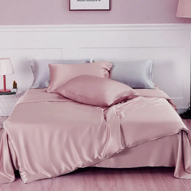 Silk duvet cover in lotus pink showing double-sided construction and plain weave texture