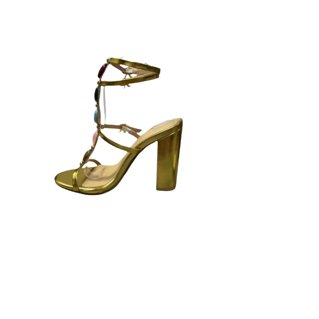 Gold women's open-toe Roman sandals with a chunky heel and a button fastening on the strap.