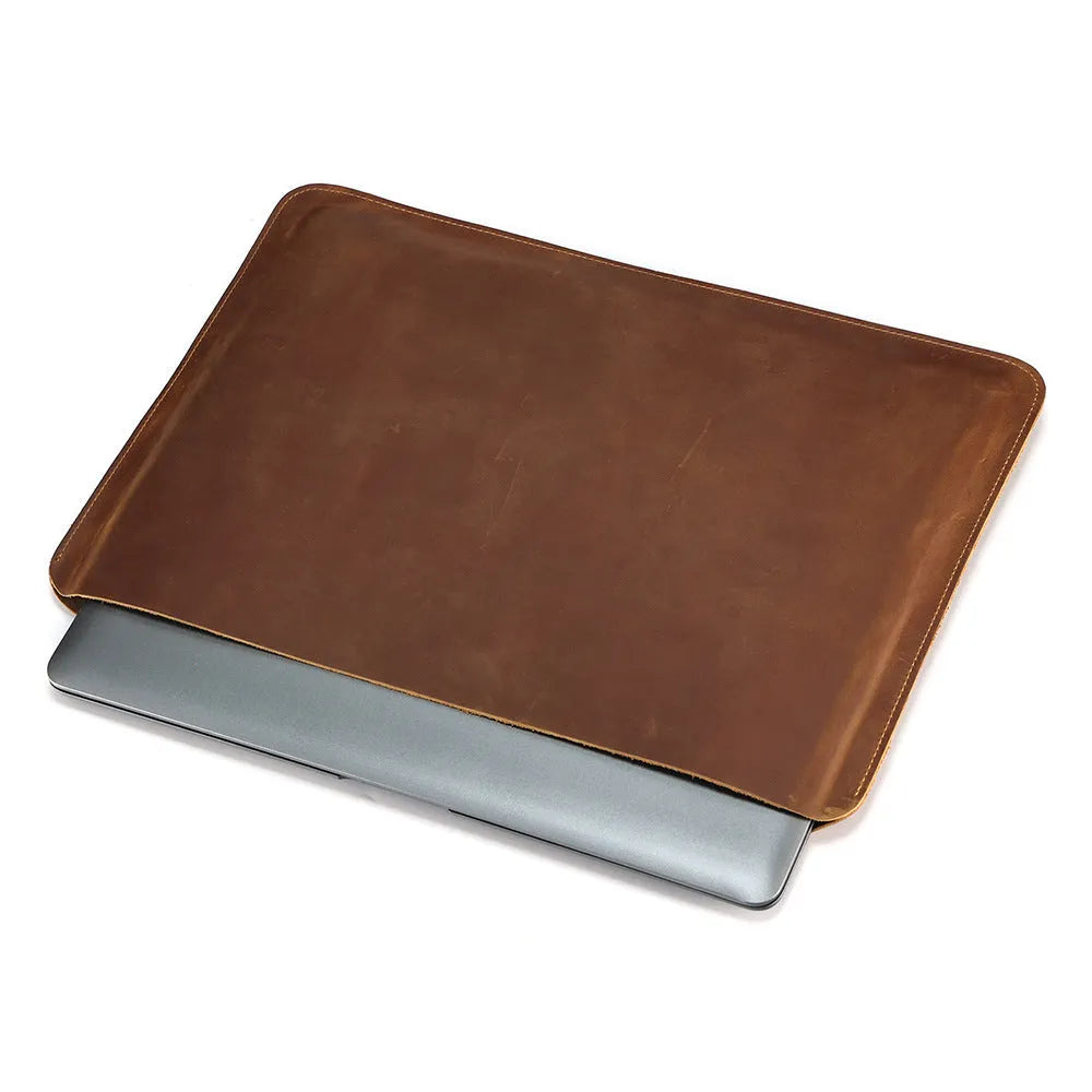 Brown genuine leather computer bag with horizontal design for laptops and tablets