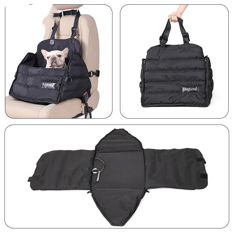 Black multifunctional pet car bag with clip-on strap and harness clip for dog travel safety