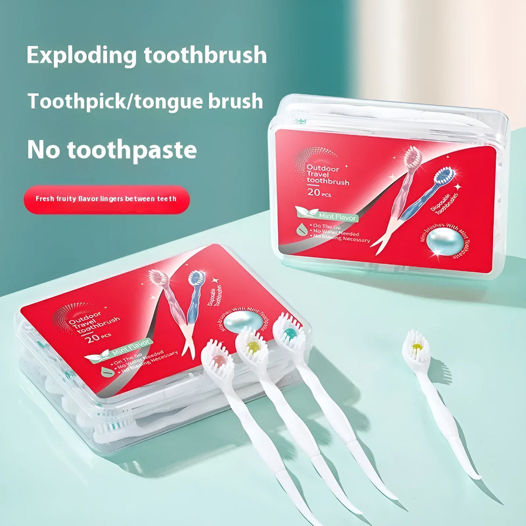 Box of disposable bead toothbrushes showing mint, peach, plum green tea and mixed flavour options