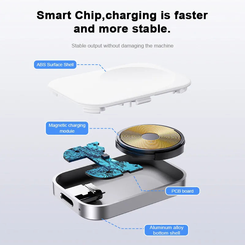 Black and white three-in-one magnetic wireless charger with Lightning and USB-C connectors
