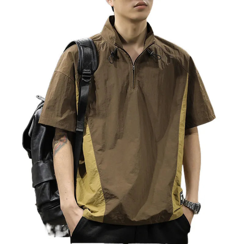 Men's brown half zip stand collar shirt made from ice silk fabric with short sleeves.