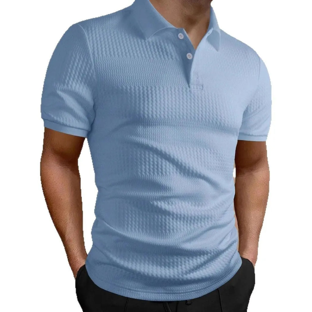 Men's loose-fit striped polo shirt in light blue with an asymmetric hem and short sleeves.