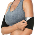 Adjustable arm sweatband in blue on a gym background, showing the binding strap.