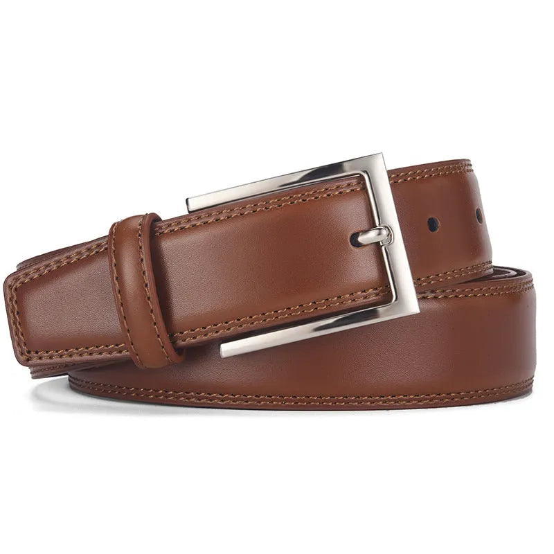 Men's genuine leather belt with an alloy pin buckle shown in a classic brown colour.
