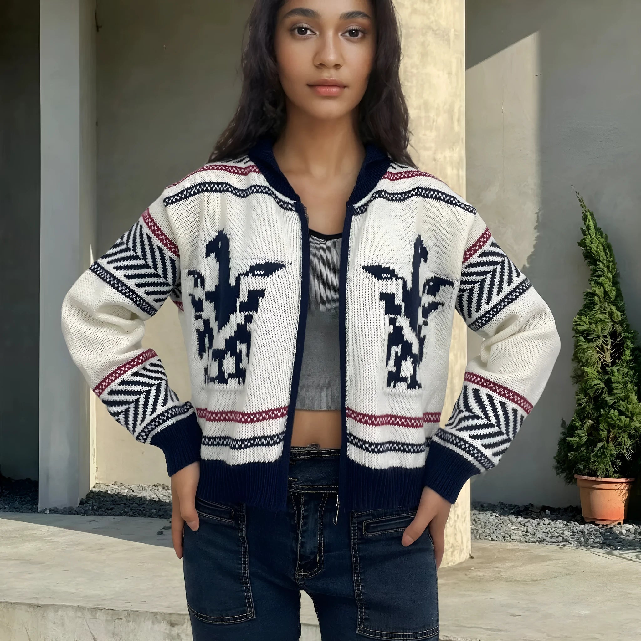White women's zip-front cardigan with contrast colour jacquard stripes, short lapel design
