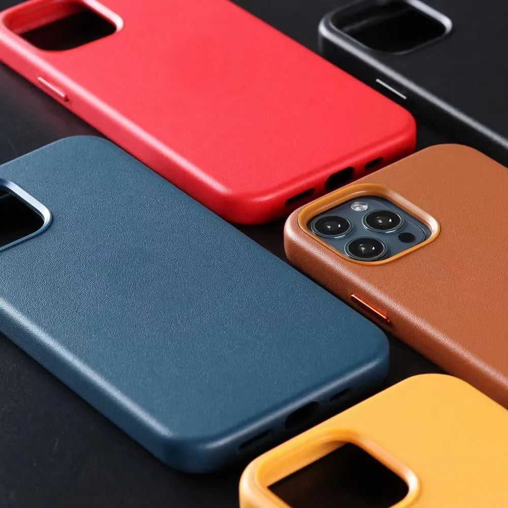 Real cowhide leather iPhone case with magnetic animation feature in multiple colours.