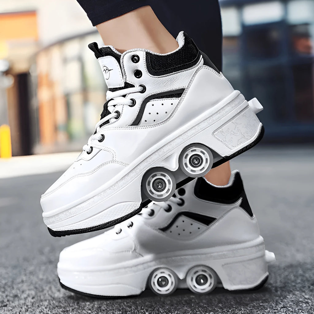 Women's minimalist retractable roller skates with PU wheels in black, white, pink, beige, ivory, or light blue, sizes 33-44